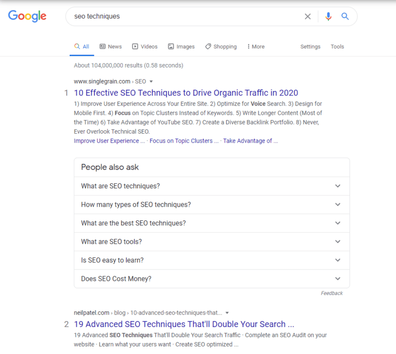 صفحه نتایج موتور جستجوی گوگل برای "تکنیک های سئو".